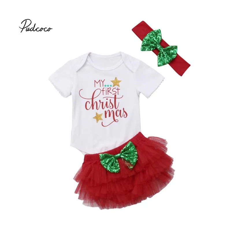 

Pudcoco 2018 My First Christmas Newborn Baby Girl Clothes Set Bodysuit Sunsuit+Tutu Shorts Skirt 3pcs Outfit XMAS Costume 0-18M