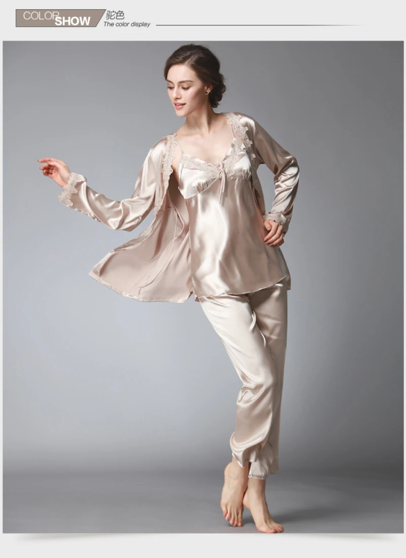 SSH036 Женская шелковая атласная пижама, женский сексуальный пижамный комплект из 3 предметов, одежда для сна с v-образным вырезом, топ с длинными рукавами, длинные штаны, осенняя одежда для сна