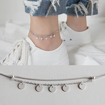 

100% 925 Sterling Silver Anklets For Women 2020 Geometric Round Pendant Chain Anklets Tassel Foot Bracelet Leg Chain enkelbandje