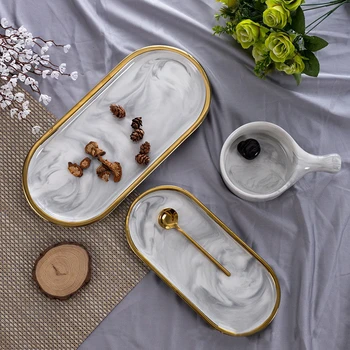 

S/L Golden Rim Oval Plates Ceramic Marbled Western Dishes Set Multi-function INS Nordic Style Snack Cake Jewelry Storage Trays