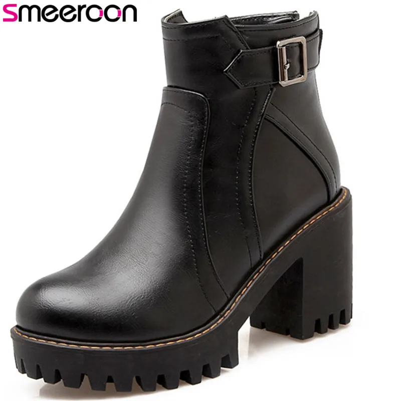 

Smeeroon 2018 new arrival autumn women boots high quality pu leather boots high heels ankle boots big size 34-43