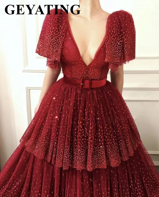 

Sparkly Sequin V-neck Arabic Burgundy Evening Dress with Puffy Sleeves Cascading Ruffles Glitter Wine Red Prom Dresses 2019 Long