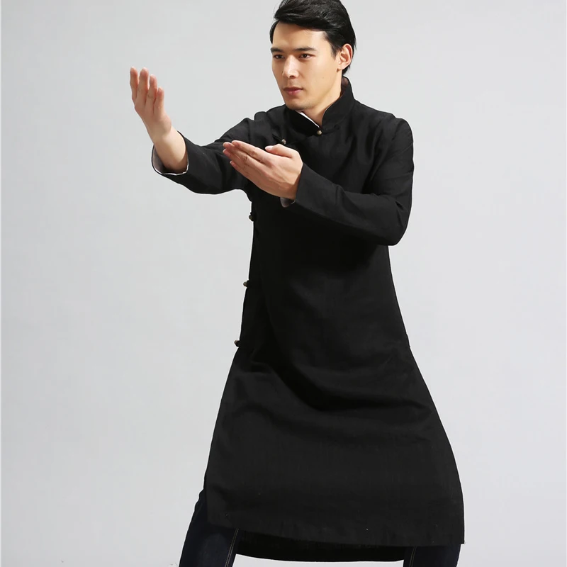 

New Pure Linen Retro Men's Wing Chun Kung Fu Long Robe Long Trench Ip Man Robes Windbreaker Traditional Chinese Dust Coat
