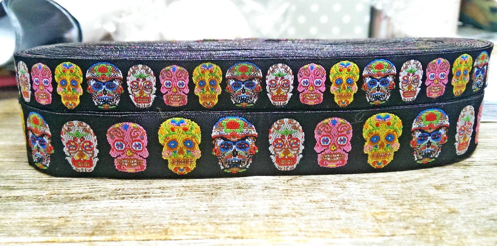 

2015 NEW wholesale 5/8"+7/8"(16mm+22mm 20yards/lots) Polyester Rock skulls Cartoon Woven Jacquard Ribbon For Dog Collar