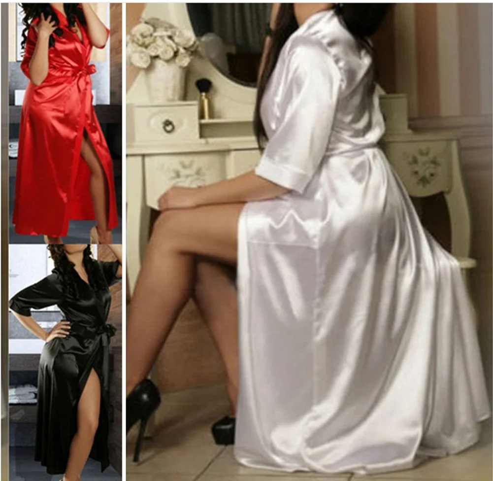Женское модное сексуальное женское белье, длинное шелковое кимоно, банный халат, ночная рубашка, черный, красный, белый