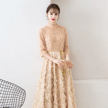 

2020 Spring Women Sequins Feather Elegant Cheongsam A-Line Full Length Evening Party Dress Half Sleeve Warm Slim Qipao Vestidos