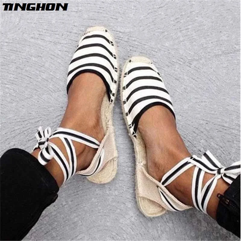 

TINGHON Summer Canvas Women Espadrilles Ankle Strap Platform Sandals Stripe Lace up Women Flat Sandals