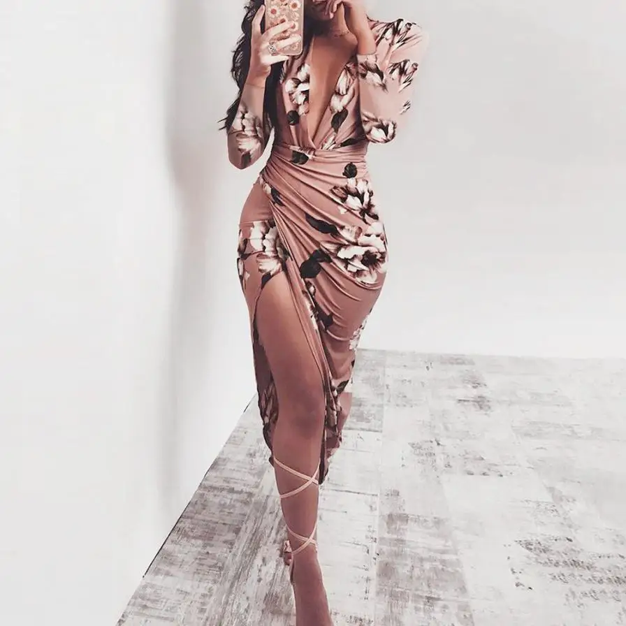 

CHAMSGEND Women Autumn Winter Casual Floral Print Long Sleeve Bodycon Dress Drop Shipping 1M9*