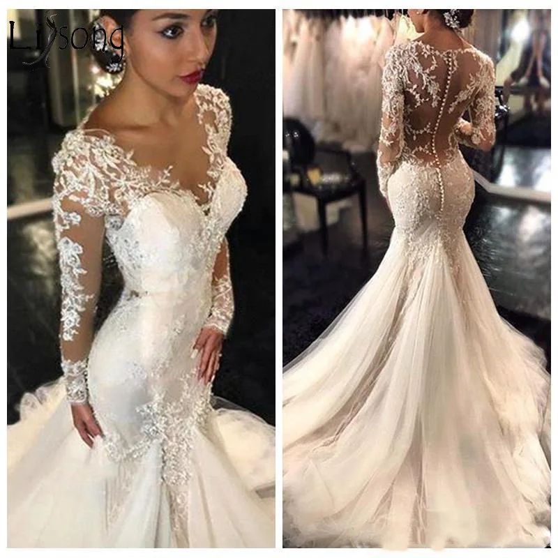 

New Gorgeous Lace Mermaid Wedding Dress Dubai African Arabic Style Petite Long Sleeves Fishtail Custom Made Bridal Gowns