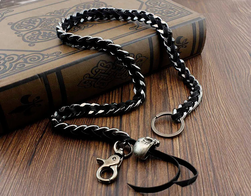 

Heavy Long Biker Rocker Black Leather Solid Metal Cuban Key Jean Wallet Chain B2