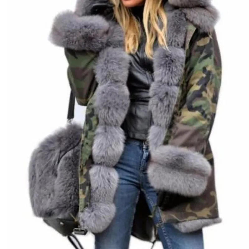 Thick Warm Long Coat Hooded Faux Fur Camouflage Jacket Fur Collar Winter Parkas Women's Jackets Overcoat Outwear Female 5XL Tops