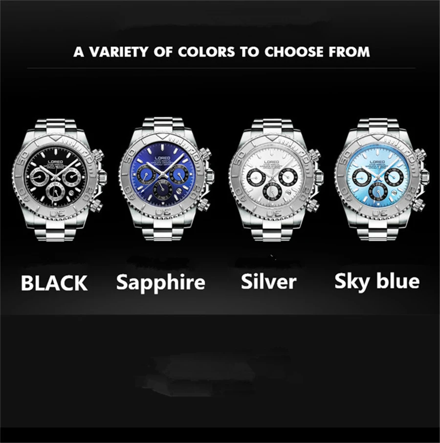 LOREO Sapphire Crystal 200m Waterproof Men's Sport Watch Multifunction Fashion Mens Watches Male Classic Design Steel Dial Clock