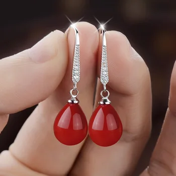

Big red round beads earrings female s925 silver earrings fashion retro earrings short earrings wedding jewelry hy036