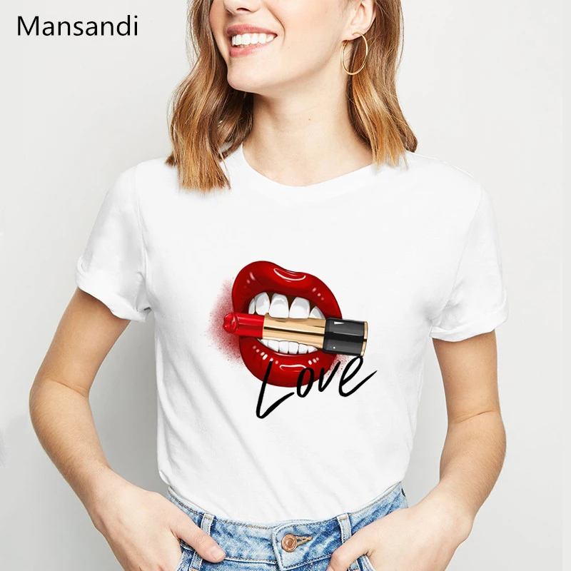 

Vogue Women t shirt 2019 red lip Lipstick high heels printed tshirt femme white summer top female streetwear 90s love t-shirt