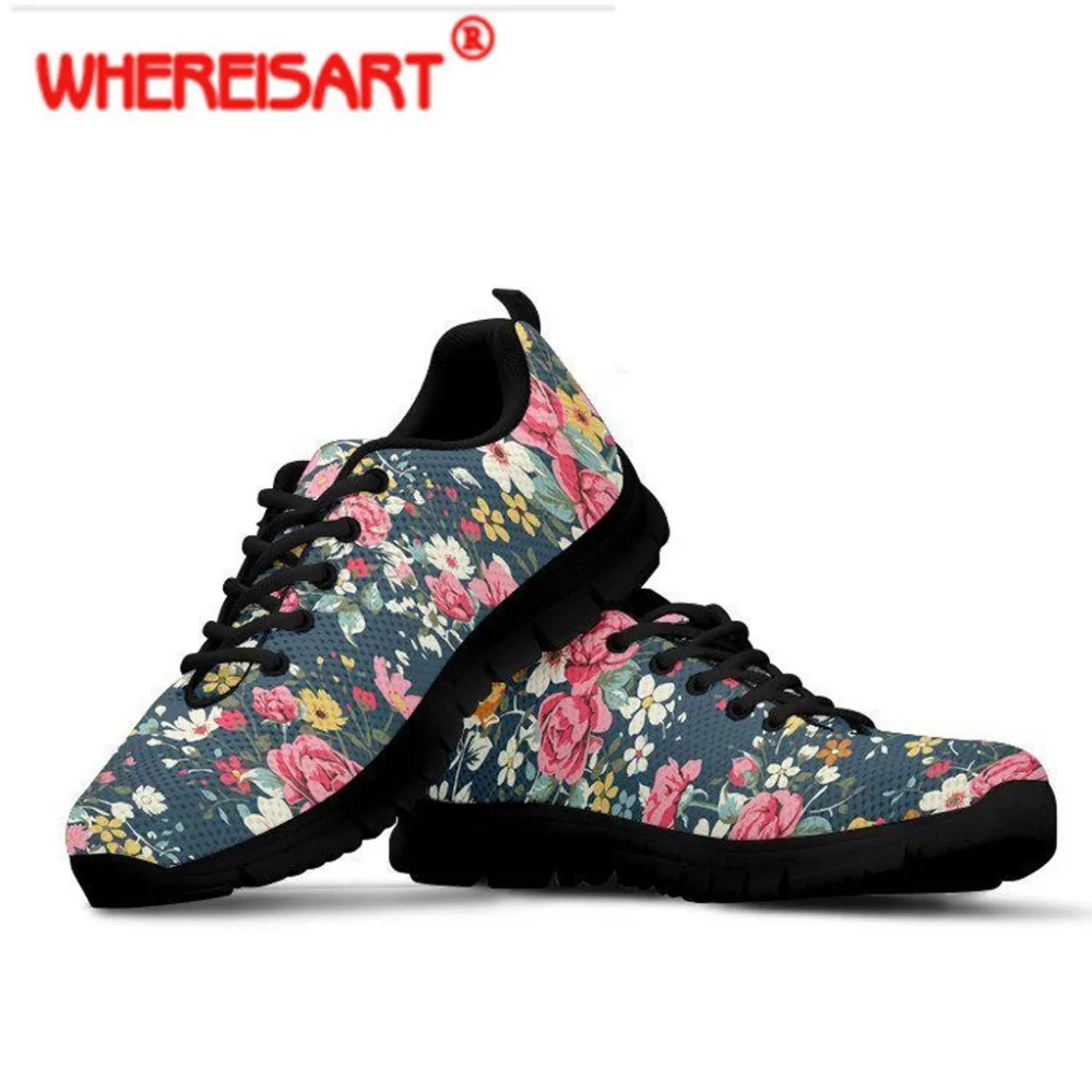 

WHEREISART Women's Fashion Sneakers 3D Floral Printing Flat Shoes Ladies Lace-up Mesh Flats for Teenagers Round Toe Footwear
