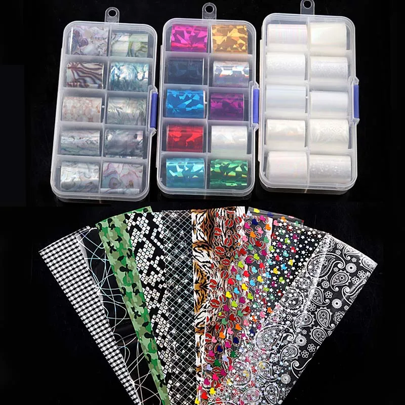 

1pcs/lot 10Pcs/box Holographic Gold Silver Nail Foil Set Starry Sky Art Transfer Wrape Sticker DIY Manicure Decoration