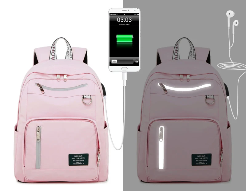 Atinfor зарядка через usb Водонепроницаемый рюкзак женский Противоугонный отражатель дорожная сумка для ноутбука школьная сумка для девочек-подростков - Цвет: pink