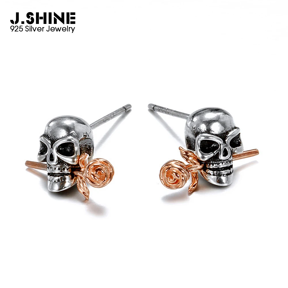 

JShine Punk 925 Sterling Silver Stud Skull Earrings Vintage Silver Party Unisex Rose Flower Earrings 2018 New Brincos