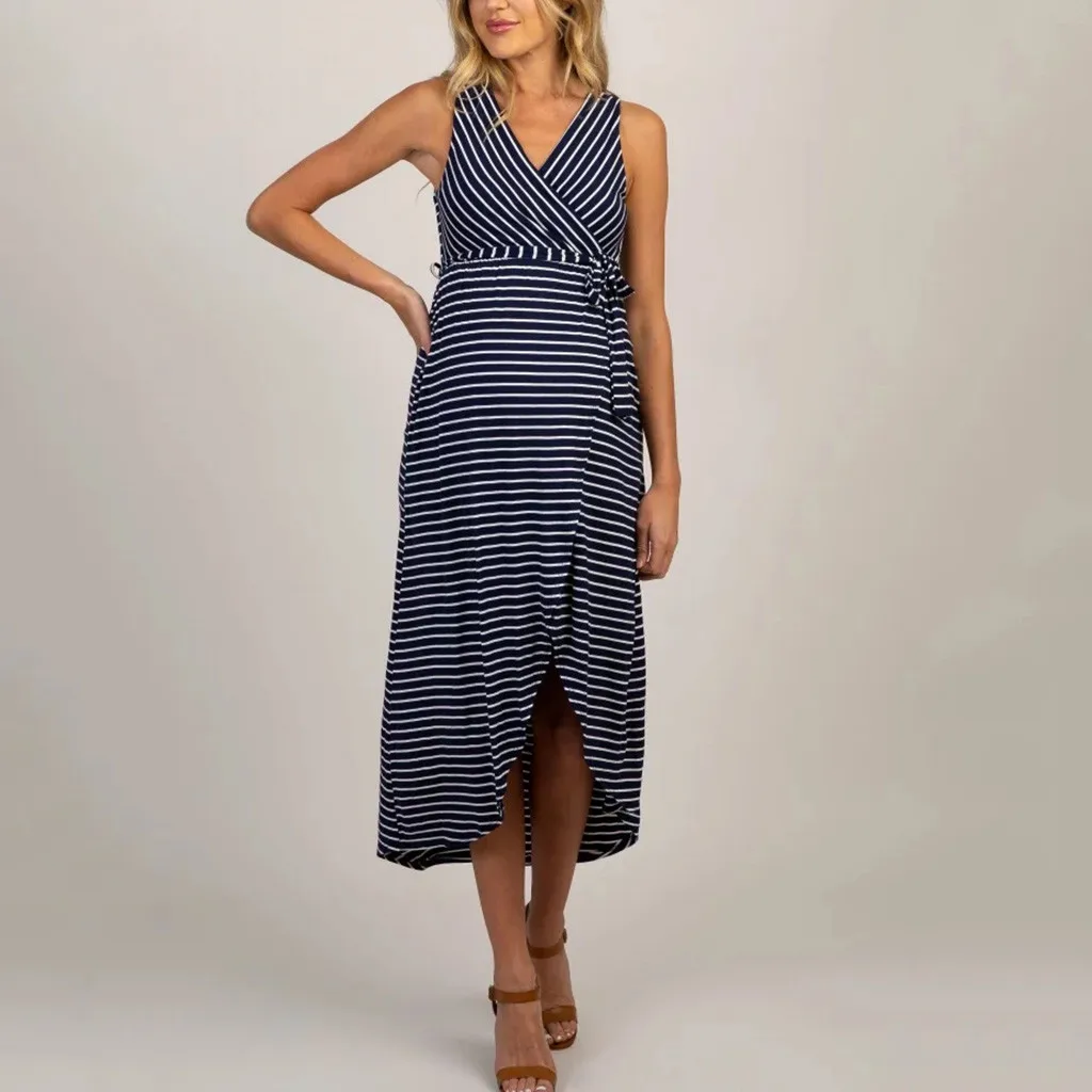 

Maternity Dress Sleeveless V-neck Lace Pregnancy Maternity Elegant Dresses Striped Summer Long Dress Fashion Clothes
