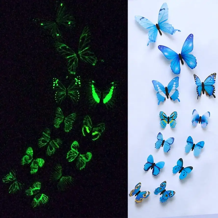 

12pcs Luminous glow in dark Butterfly Design Decal Magnetic magnet sticking 3D double feather butterfly fridge stickes 802