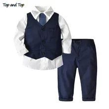Топ и Верхняя часть одежды для маленького джентльмена, комплект детской одежды для свадьбы и праздника Одежда для мальчиков 3 шт./компл. рубашка+ жилетка+ штаны одежда для сна; Пижама для мальчиков праздничная одежда