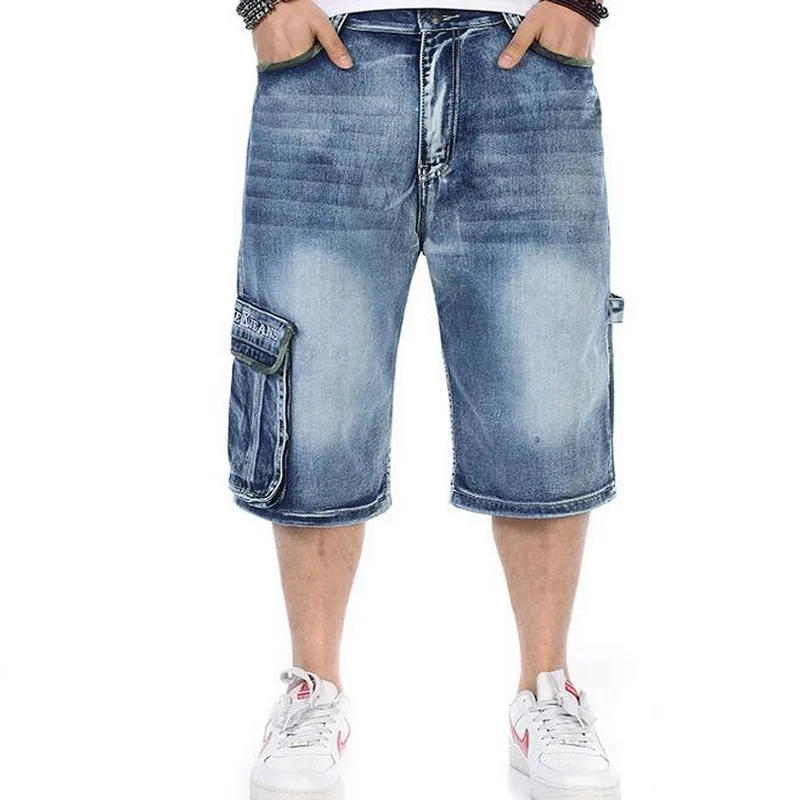

2019 VXO Mens jeans Denim Shorts Men Bleached Retro Style Garment Washed Male Denim Capris Multi Pockets Plus Size
