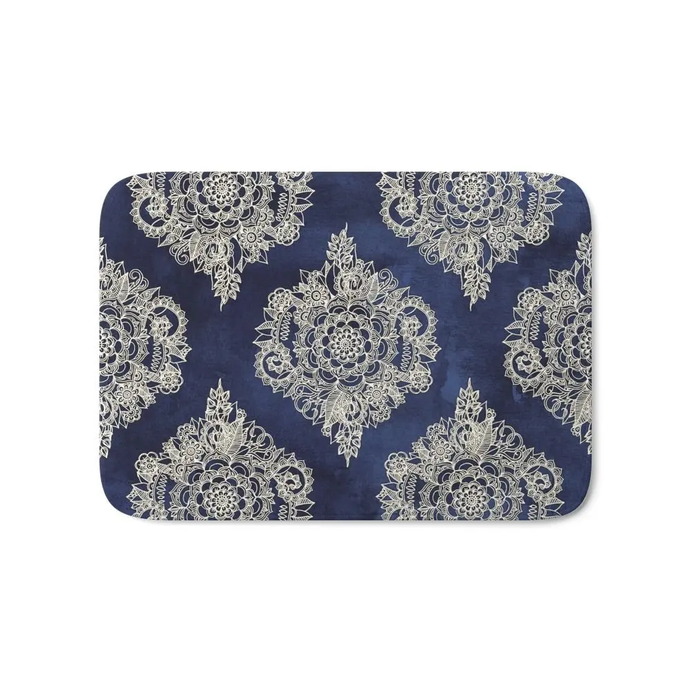 Cream Floral Moroccan Pattern On Deep Indigo Ink Bath Mat 17" x 24