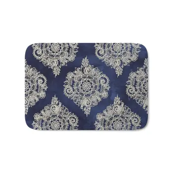 

Cream Floral Moroccan Pattern On Deep Indigo Ink Bath Mat 17" x 24" Pattern Coral Fleece Rug Anti-Slip Doormat Home Decor