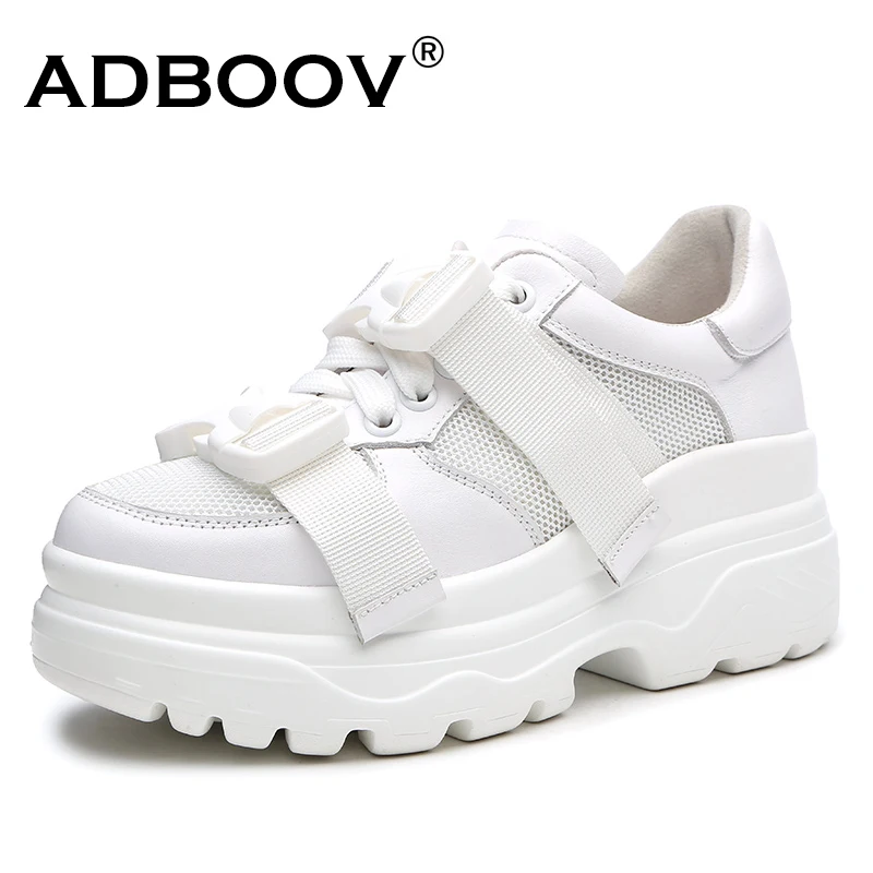 

ADBOOV Leather + Mesh Platform Sneakers Women 2018 Fashion Buckle Women Dad Shoes Flat Walking Shoes Woman Casual Footwear