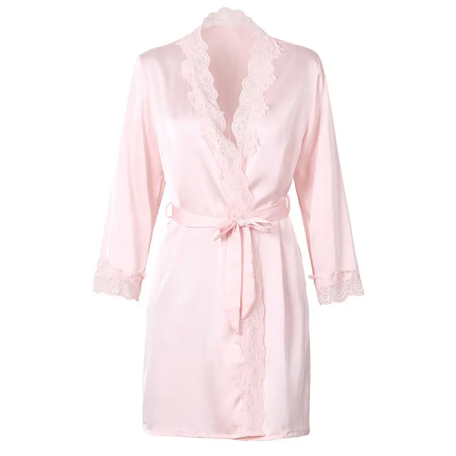 Сексуальные халаты из искусственного шелка с кружевными вставками, атласные женские пижамы, однотонный кардиган, халат с поясом, женские халаты XXL - Цвет: light pink
