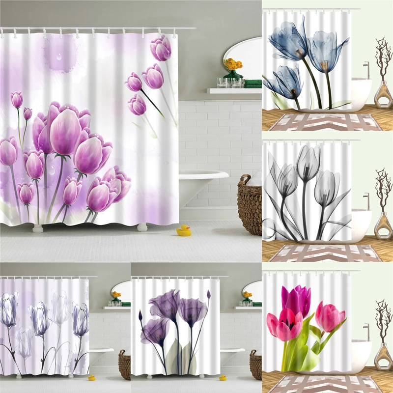 

waterproof tulip prints shower curtains bathroom curtain flowers polyester fabric bath screen with hooks for home decoration