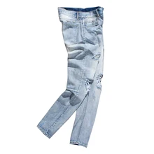 Fashion Men's Jeans Slim Feet Pierced Jeans Casual Light Blue Long Jeans Large Size newspapers pattern narrow feet jeans