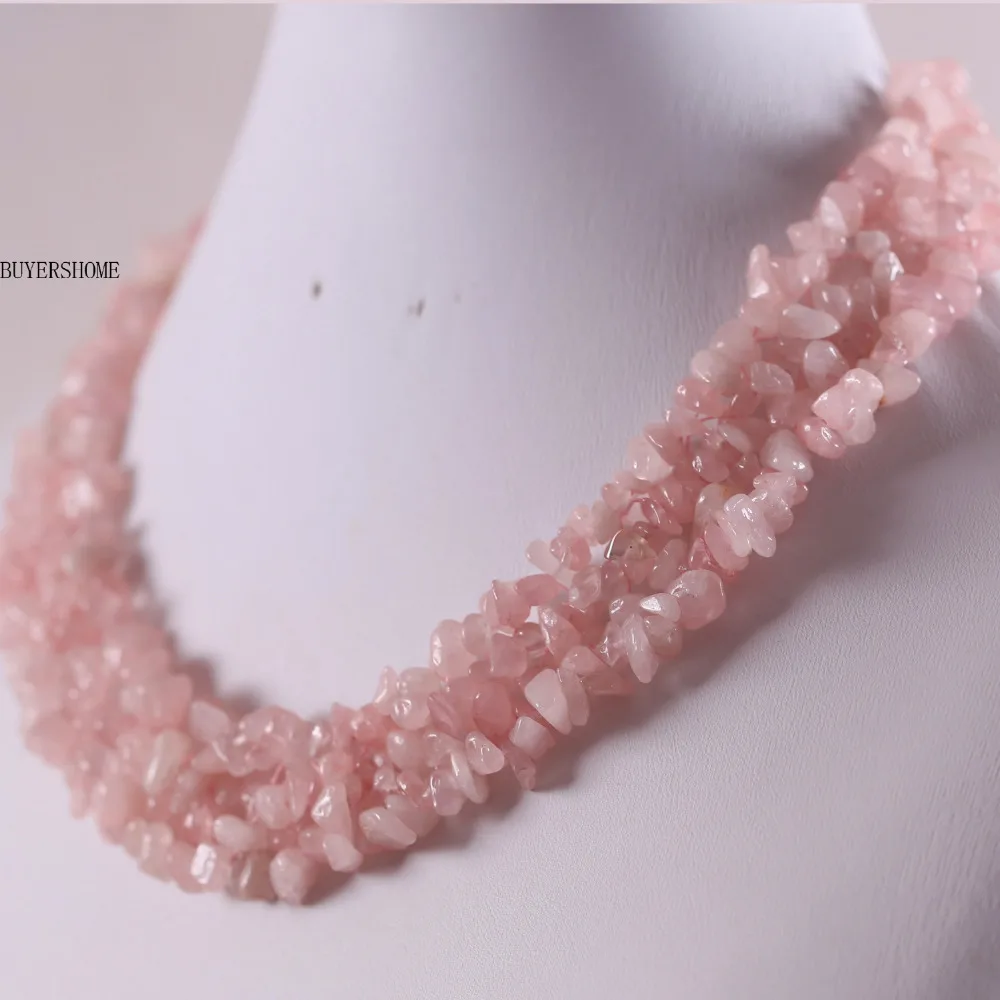 4 8MM Pink Crystal Quartz Necklace Natural Stone Chip Beads Necklace