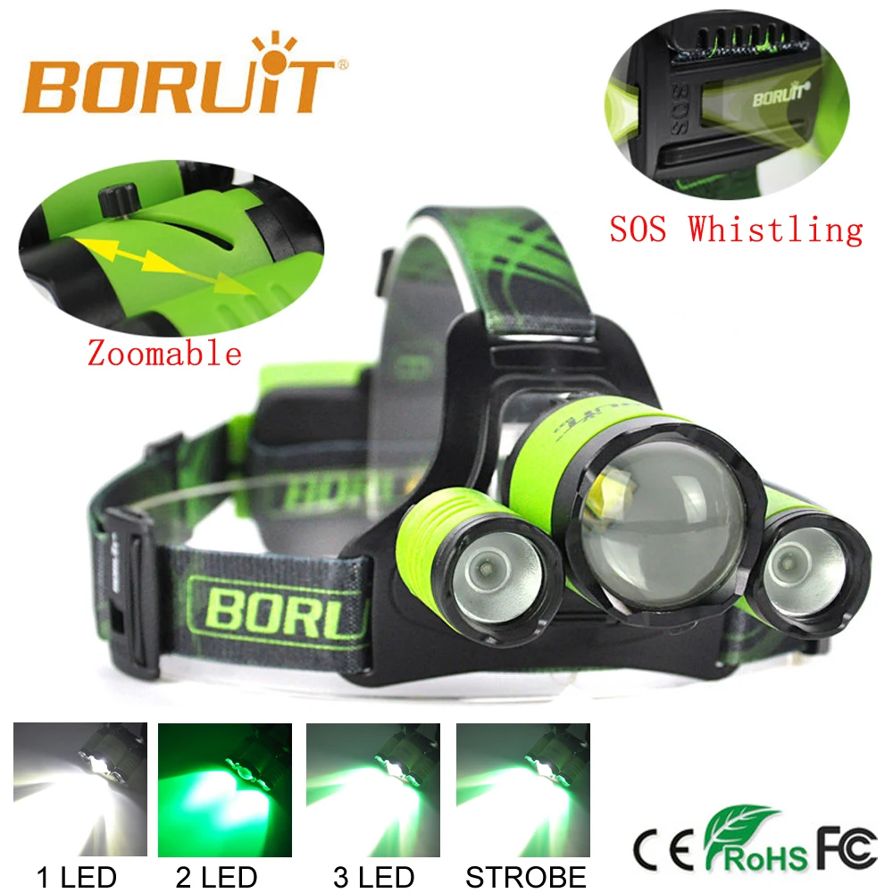 cheap BORUIT B22 Rechargeable LED Zoomable Headlamp XM L2+2X XPE Green Head lamp Micro USB Headlight Torch Fishing Head Light