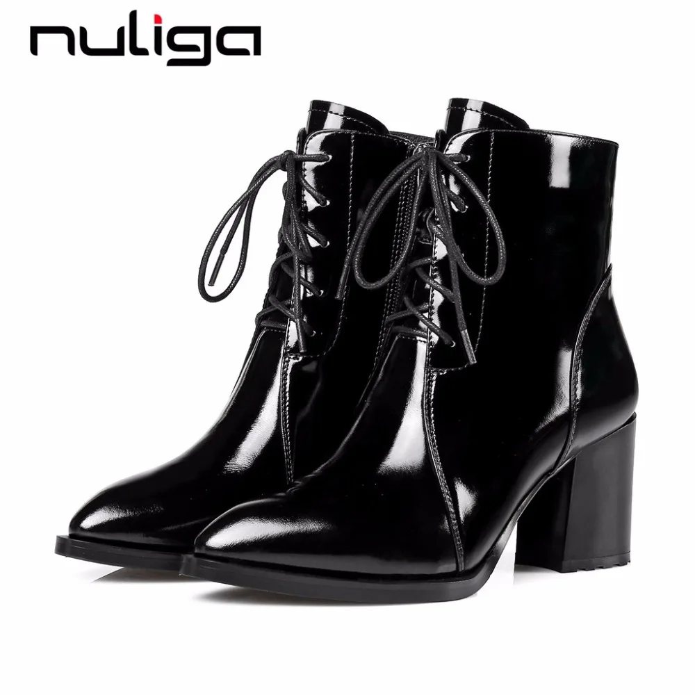 

Nuliga motorcycle boots pointed toe zipper thick high heels natural leather large size queen style runway woman ankle boots L2f2