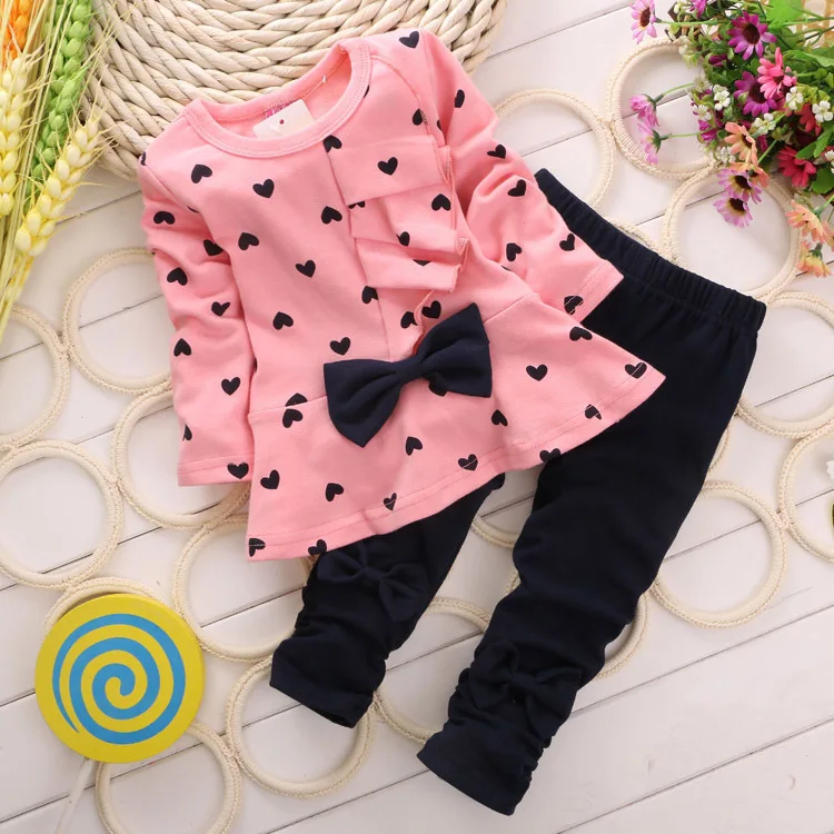 Conjunto de ropa para bebé niña con lazo estampado en forma de corazón, traje de tela para camiseta y pantalones|clothing sets|children clothset children - AliExpress