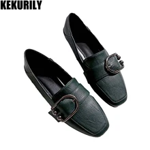 Обувь; женские лоферы без застежки с пряжкой; плоские квадртаные носки; сандалии с закрытым носком; Лоскутные шлепанцы; большие размеры; цвет черный, коричневый, зеленый