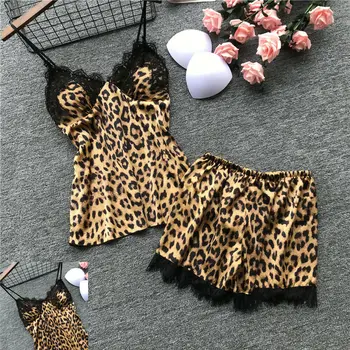 

Sexy Womens Set Stain Lace Spliced Leopard Printed Sleepwear Set Summer Backless Sleeveless Loose Top And Shorts Pajamas Set