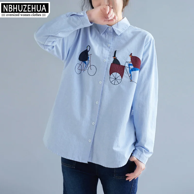 

NBHUZEHUA Embroidery Light Blue Women Blouse 5XL Long Sleeve Basis Ladies Tops Cotton Plus Size Women Shirts XXXXL 19-D26