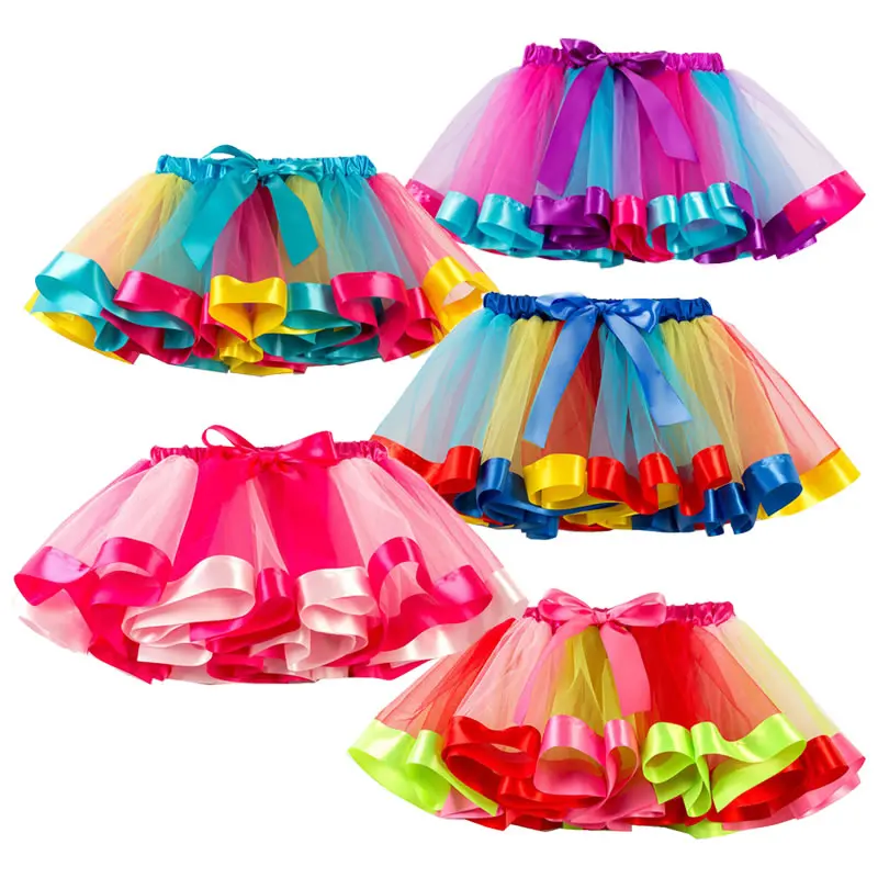 

DZYECI Summer Little Girl TUTUS Skirt Fashion Kid Rainbow Unicon Bow Lace Tulle Skirts Child Ballet Pleated Mukticolore Skirt