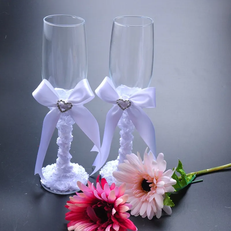 2 PCS / Set white ribbon Wedding Glasses Set Champagne Toasting Glasses For Weddings Toasting Flute Long Wine Glasses Cup