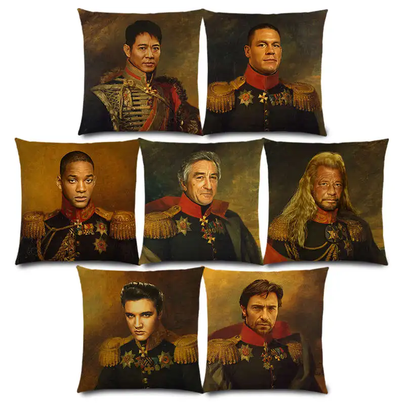 

New Hollywood Super Film Stars Portrait Gentleman Retro Military Dress Replaceface Prints Cushion Cover Sofa Pillow Case