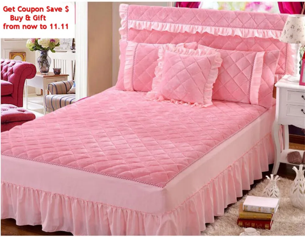 High Quality 3pcs Crystal Velvet Bedskirt Set thick Bed Cover Pink