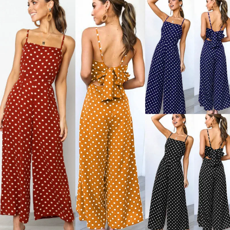 

Elegant Sexy Jumpsuits Women Sleeveless Polka Dots Loose Trousers Wide Leg Pants Rompers Holiday Backless Bow Leotard Overalls