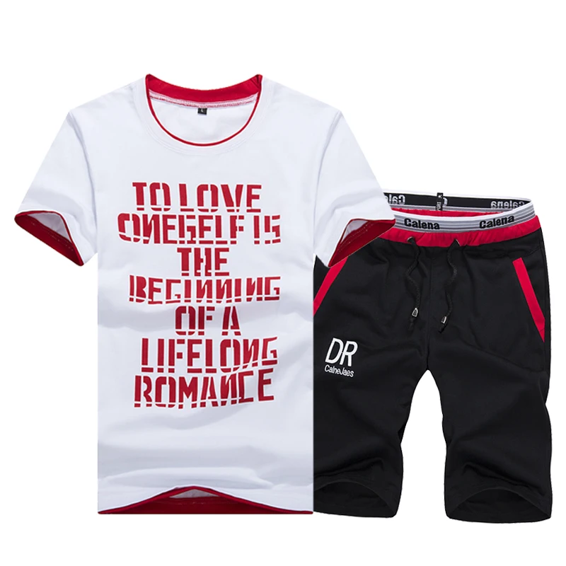 2019 letter print T Shirts+Shorts men sets Brand clothing Two pieces tracksuit Fashion Casual Tshirts Workout Fitness Sets M-4XL