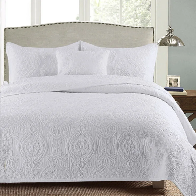  Solid White Beige Green color Soft Cotton Quilted Bedspread Queen size Embroidered Bedspread Quilte
