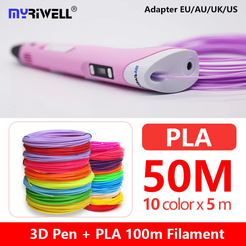 Myriwell rp100b 1,75 мм PLA 3D ручка светодиодный/ЖК-экран 3D Ручка+ PLA100M нить подарок для детей 3D ручка подарок на день рождения - Цвет: pink PLA 10color