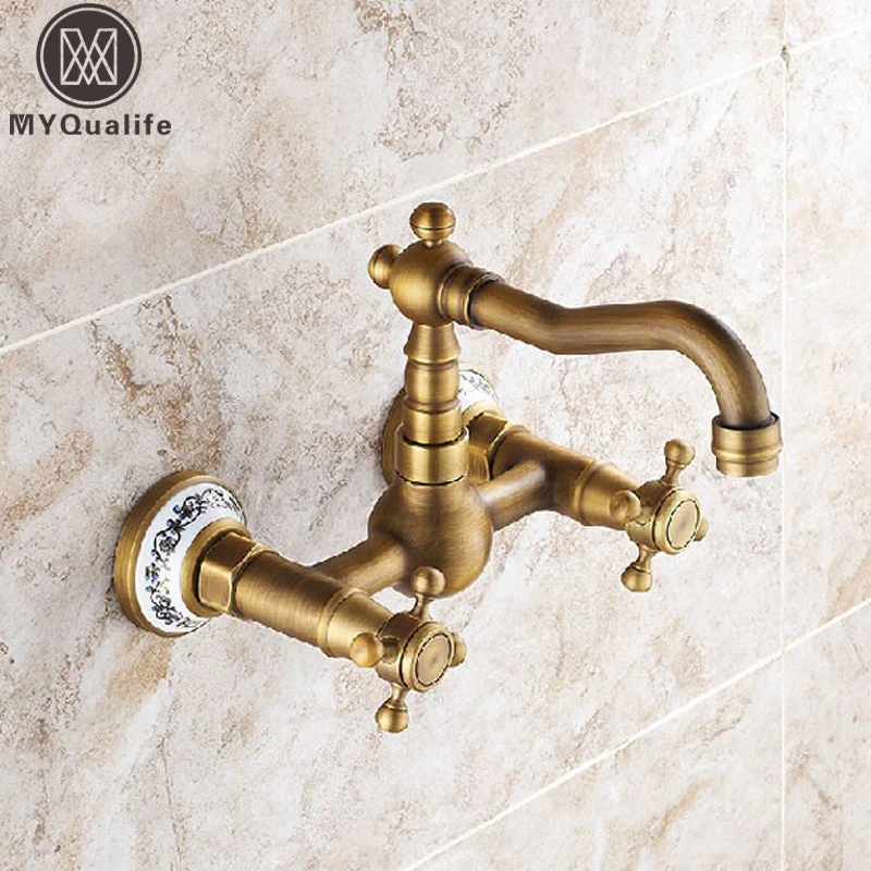 

Black Bronze Dual Handles Bathroom Kitchen Sink Faucets Wall Mounted Swivel Spout Kitchen Mixer Taps
