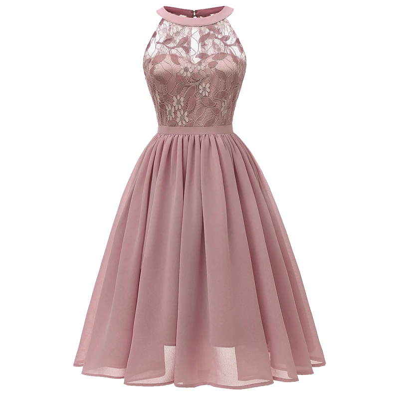 

Tulle Lace Dress Women High Waist Dress Elegant Halter Neck Dress Pleated Swing Midi Dresses for Wedding for Evening Party Dress