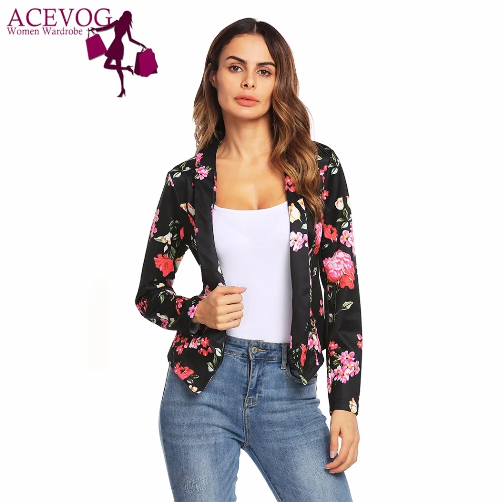 ACEVOG Autumn Flore Print Women Vintage Short Blazer Lapel Slim Front ...